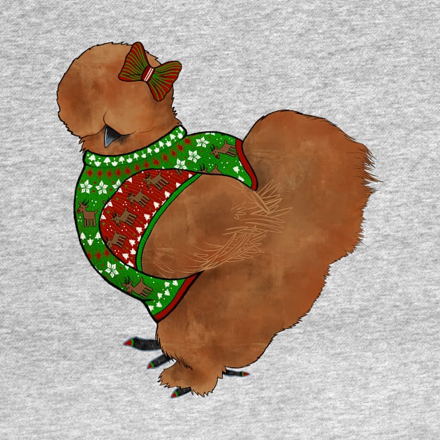 Red Silkie Chicken In An Ugly Christmas Sweater With Bow by Ashley D Wilson